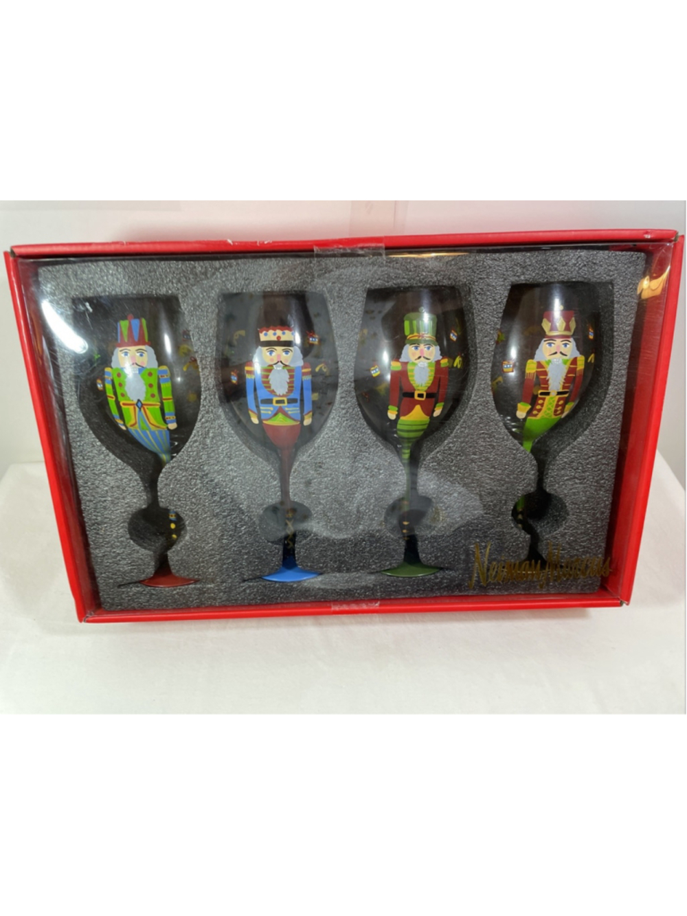 NIB Neiman Marcus Hand Painted Nutcracker Wine Glasses Set of 4 Christmas 9 inch